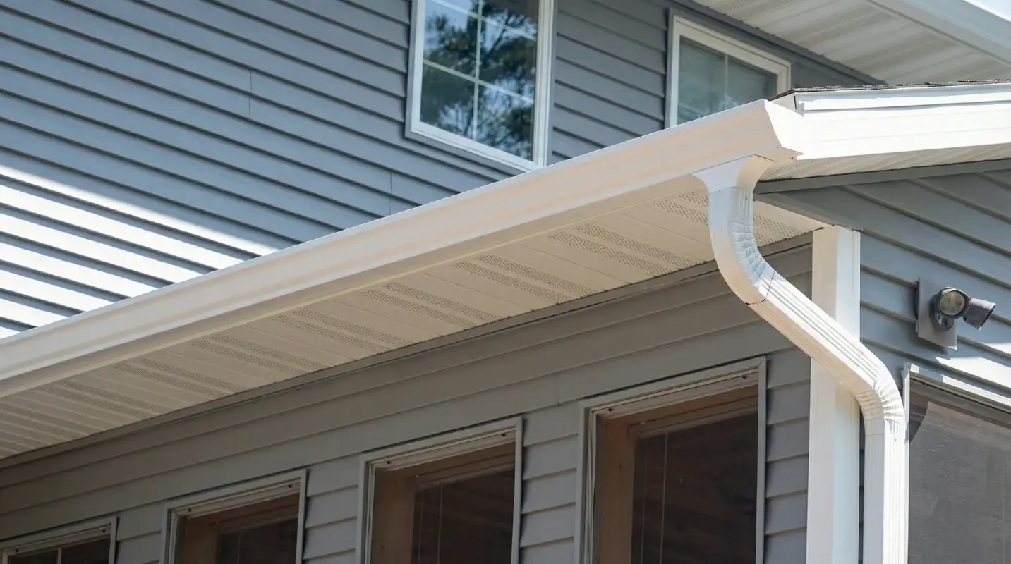 Professional home remodeling project showing newly installed white seamless gutters and downspouts on a house with gray siding in ,