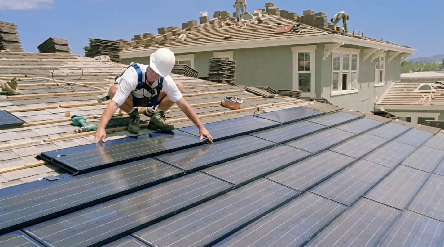 Roof replacement expert installing modern solar shingles on a residential home in ,