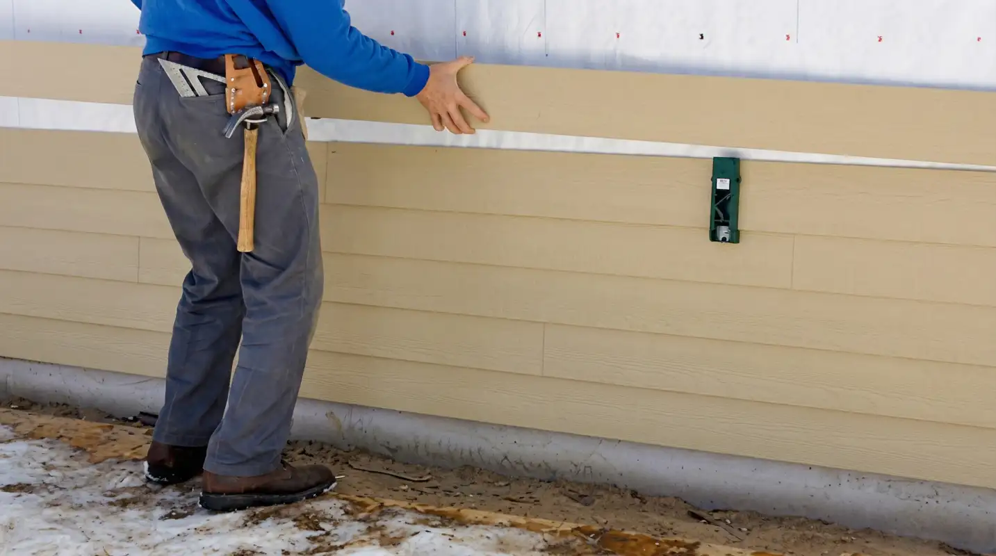 Siding replacement expert carefully aligning a new tan siding panel onto a residential exterior wall in ,