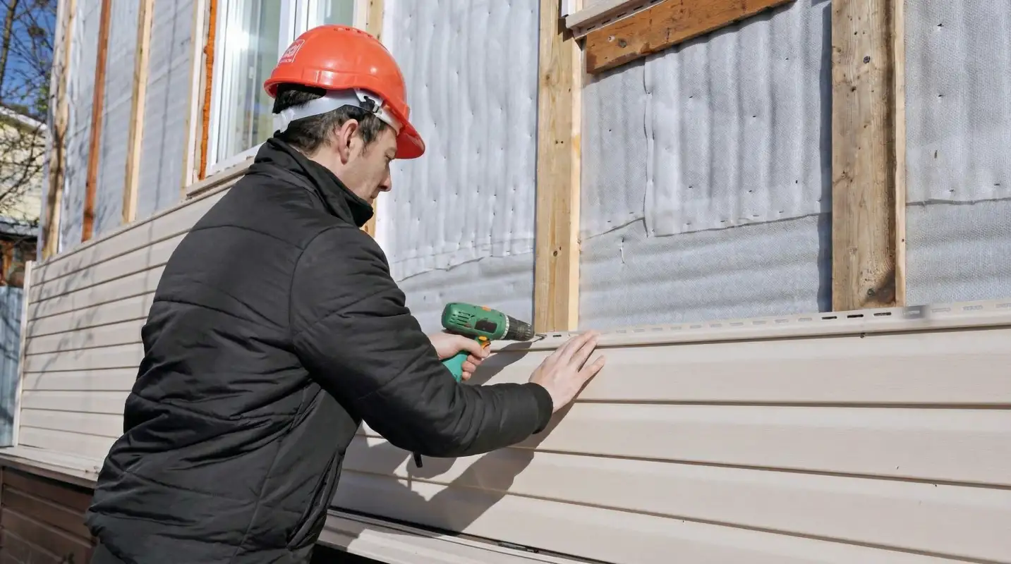 Siding replacement professional using a power drill to install new tan vinyl siding on a home exterior in ,