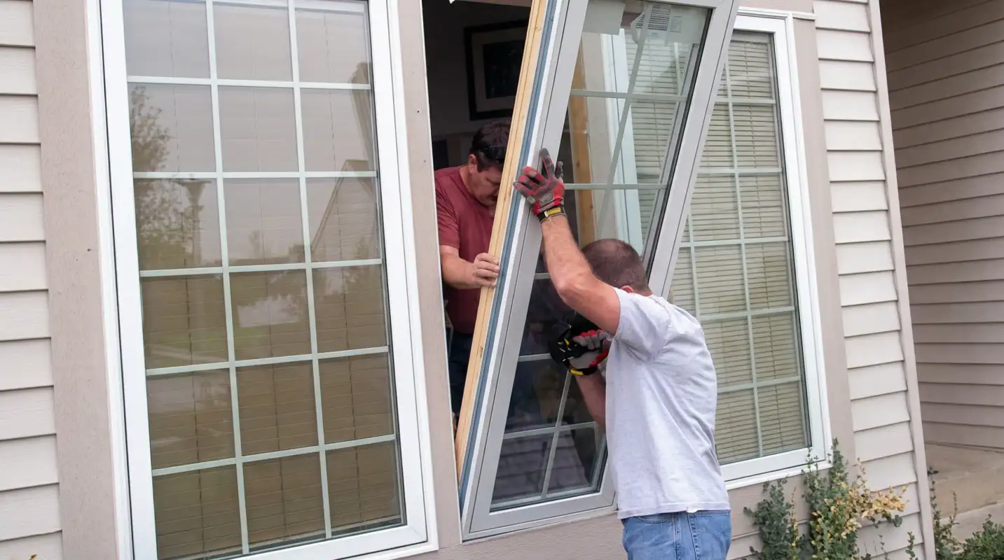 Professional home remodeling team installing a large replacement window on a house with tan siding in ,